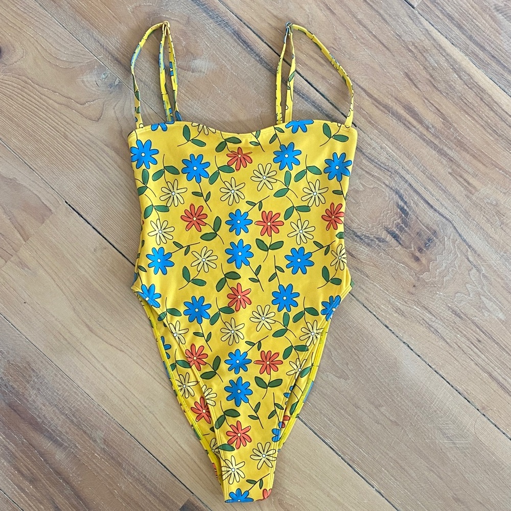 New Yellow Floral One-Piece Swimsuit with Slim Straps